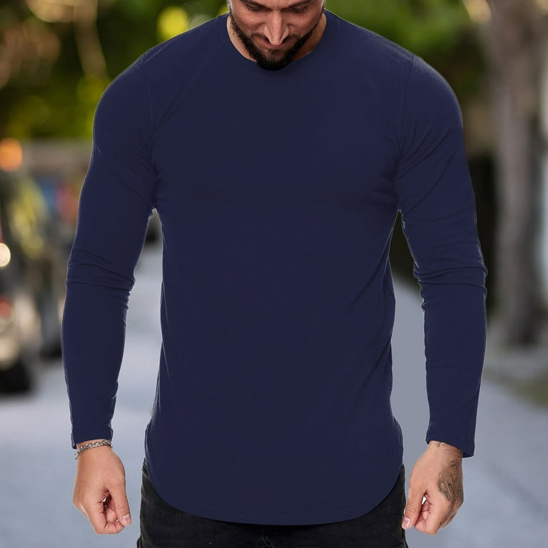 Mens Fashion Casual Sports Fitness Outdoor Curved Hem Solid Round Neck T Shirt Long Top -