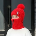 thumbnail image 7 of Bibifish Womens Red Knit Trapper Hat Pom-Pom & Zipper Mask Warm Soft One-Piece Casual Winter Outdoor Cold-Weather Protective Hat, 7 of 7