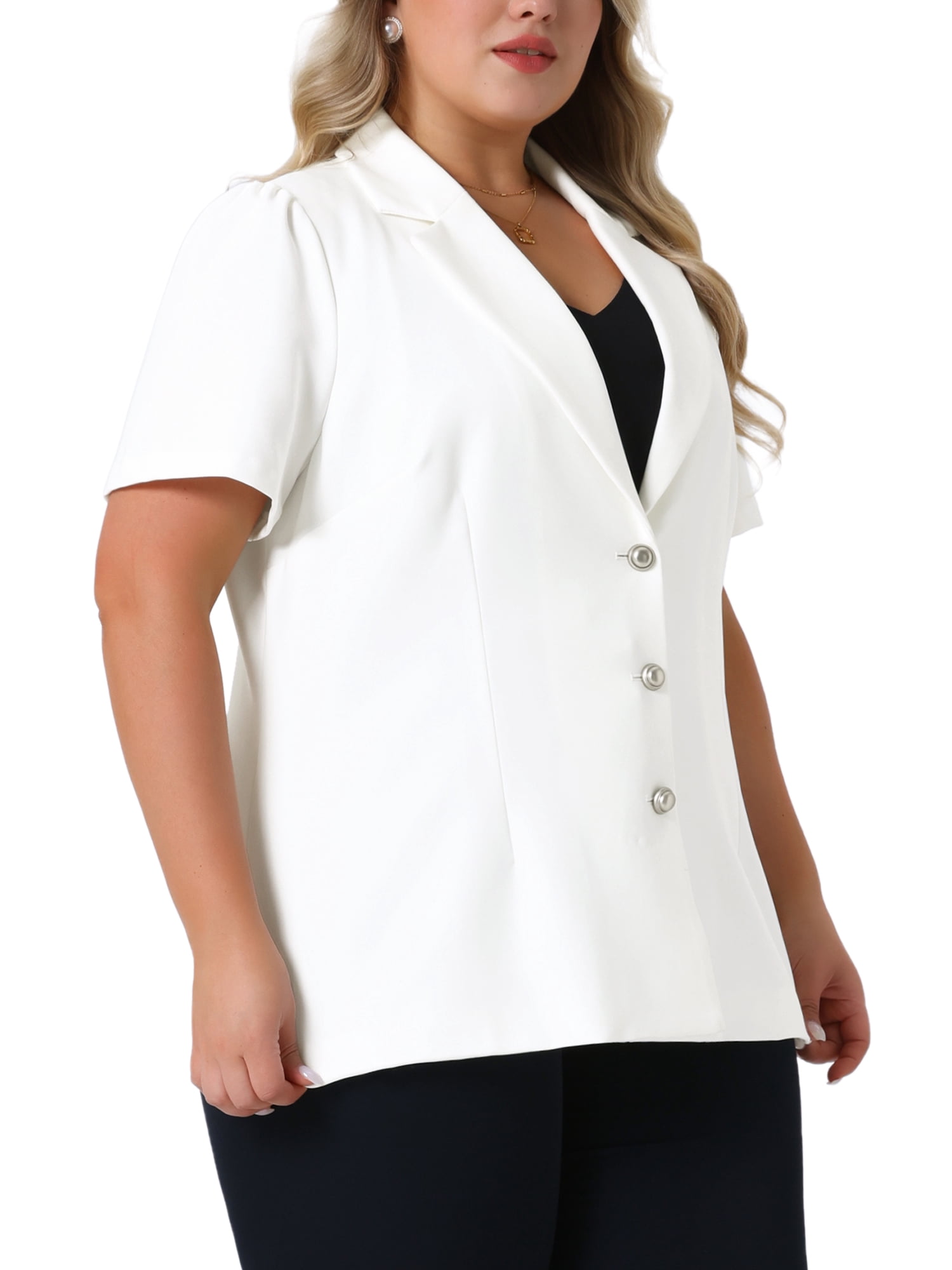 DARING DIVA Women's Plus Short Puff Sleeve Notched Lapel Blazer Jackets White 4X