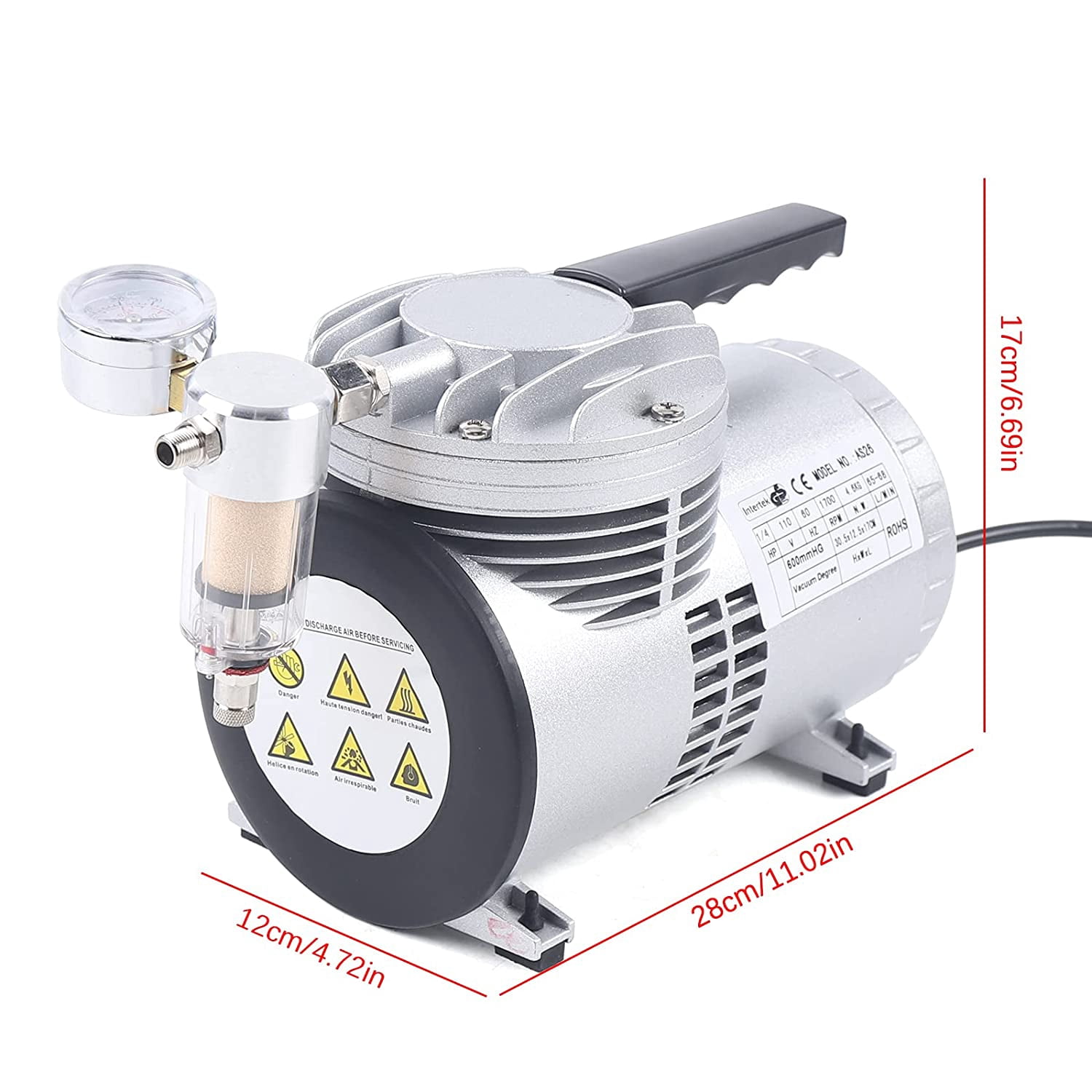 FETCOI Oilless Diaphragm Vacuum Pump 20-23L/min Lab Oil Free Mute Vacuum Pump 1 / 6HP Quiet High Vacuum Piston Compressor (110V US Plug)