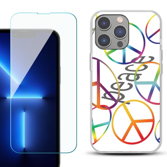 Slim-Fit Gel TPU Phone Case for iPhone 14 Pro Max, with Tempered Glass Screen Protector, by OneToughShield ® - Colorful Peace