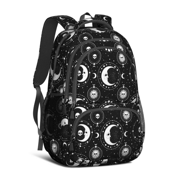 Moon and Skull Gothic Pattern Backpack for School, Cute School Bag with Adjustable Shoulder Straps and Padded Back, 16.9"x12.6"x5.9"