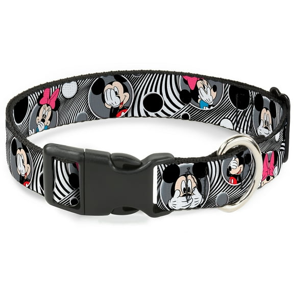 Disney Pet Collar, Dog Collar Plastic Buckle, Mickey Minnie Peek A Boo Expressions Swirl Black White, 15 to 24 Inches 1.0 Inch Wide