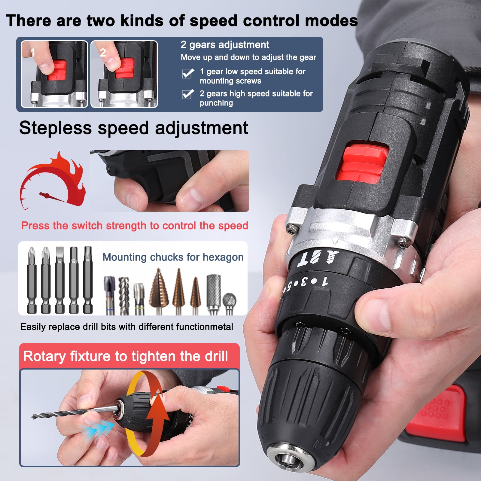 21V Cordless Power Drill Set, Electric Power Drill 24Pcs with 2 Lithium-ion Battery and Charger, 2-Speed Transmission For Screwdriving And Drilling,Black