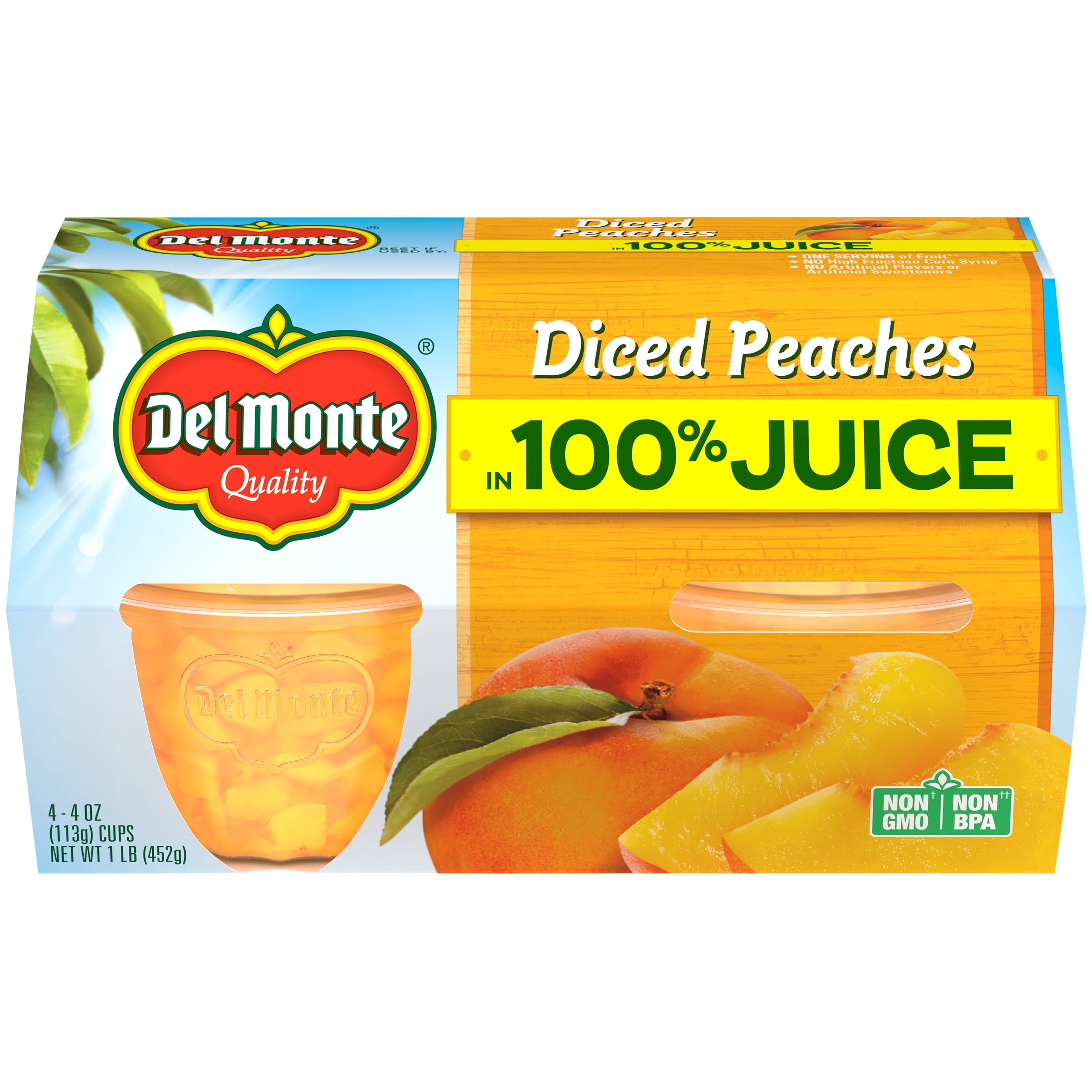 (4 Cups) Del Monte Diced Peaches Fruit Cup Snacks, 100 Juice, 4 oz