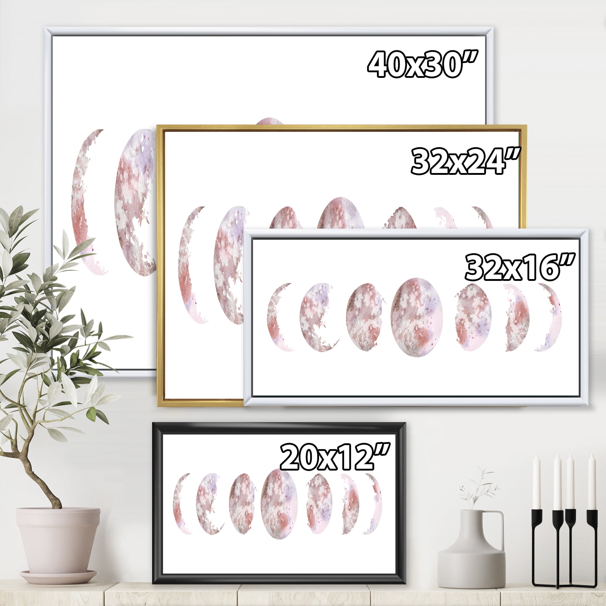 Designart 'Moon Phases On White' Modern Framed Canvas Wall Art Print