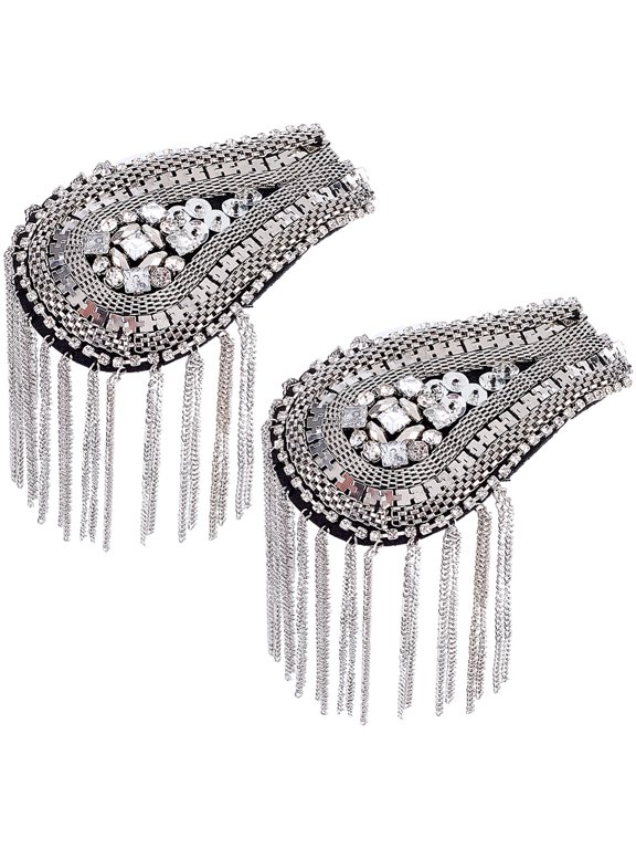2Pcs Shoulder Tassel Epaulettes With Pin Sparkle Link Chain Teardrop Rhinestone Badge Vintage Glitter Fringe Lace Decorative Appliques