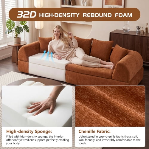 Howcool 104" Cloud Modular Sectional Sofa with Ottoman, Boneless Deep Fluffy Seat Couch, No Assembly Required for Living Room and Bedroom, Orange