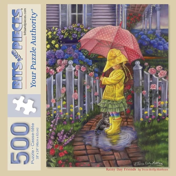 Bits and Pieces Rainy Day Friends 500 Piece Jigsaw Puzzle for Adults Girl and Kitten Cottage Core 18 x 24 Inches