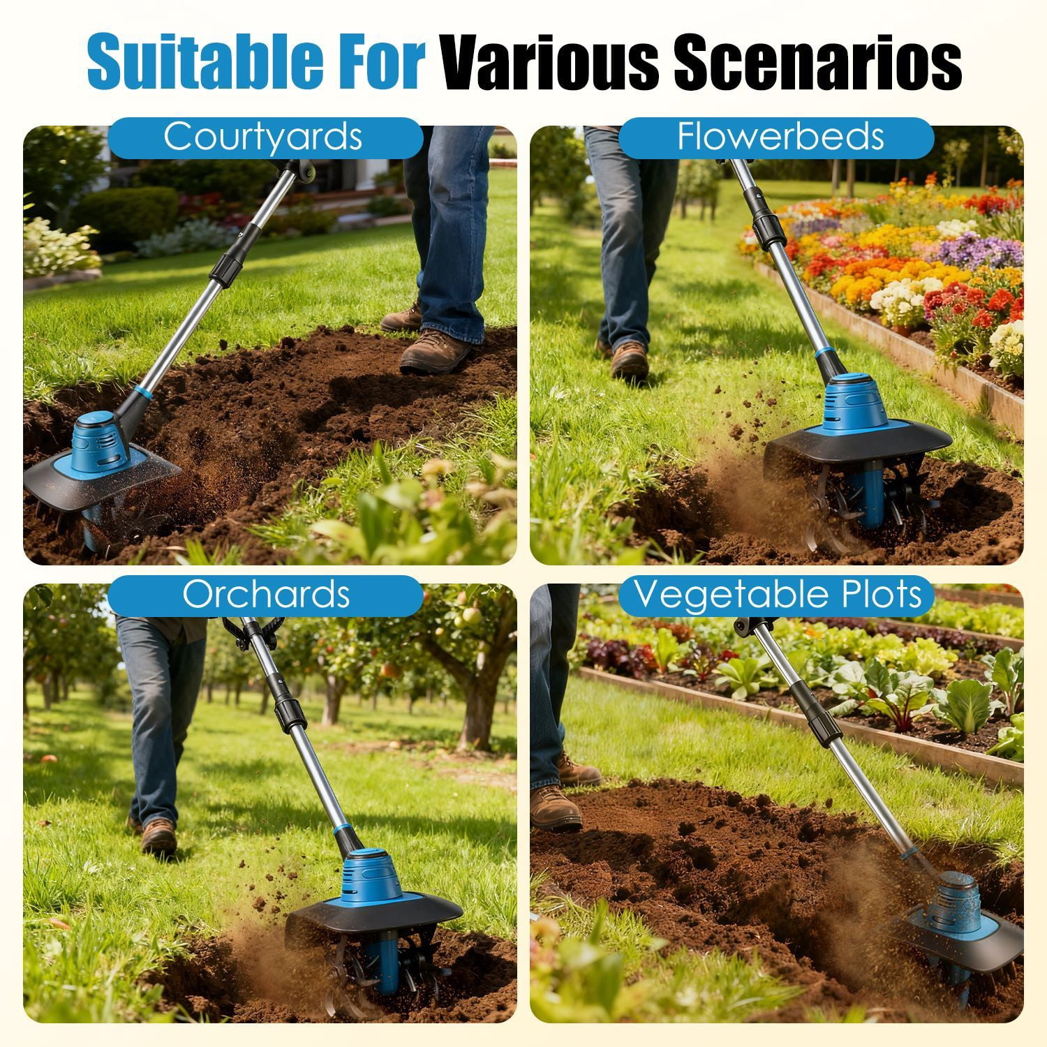 Battery Powered Electric Tiller Cultivator 800W 21V Cordless Garden Tiller 6.69" Till Depth 8.66" Width Manganese Steel Tines for Lawn Weeding Plowing