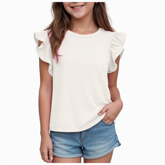 Ccpelsie Girls Short Sleeve T-Shirts Solid Color Tee Shirts Soft Crewneck Summer Top with Regular Fit for Kids White,6-7 Years