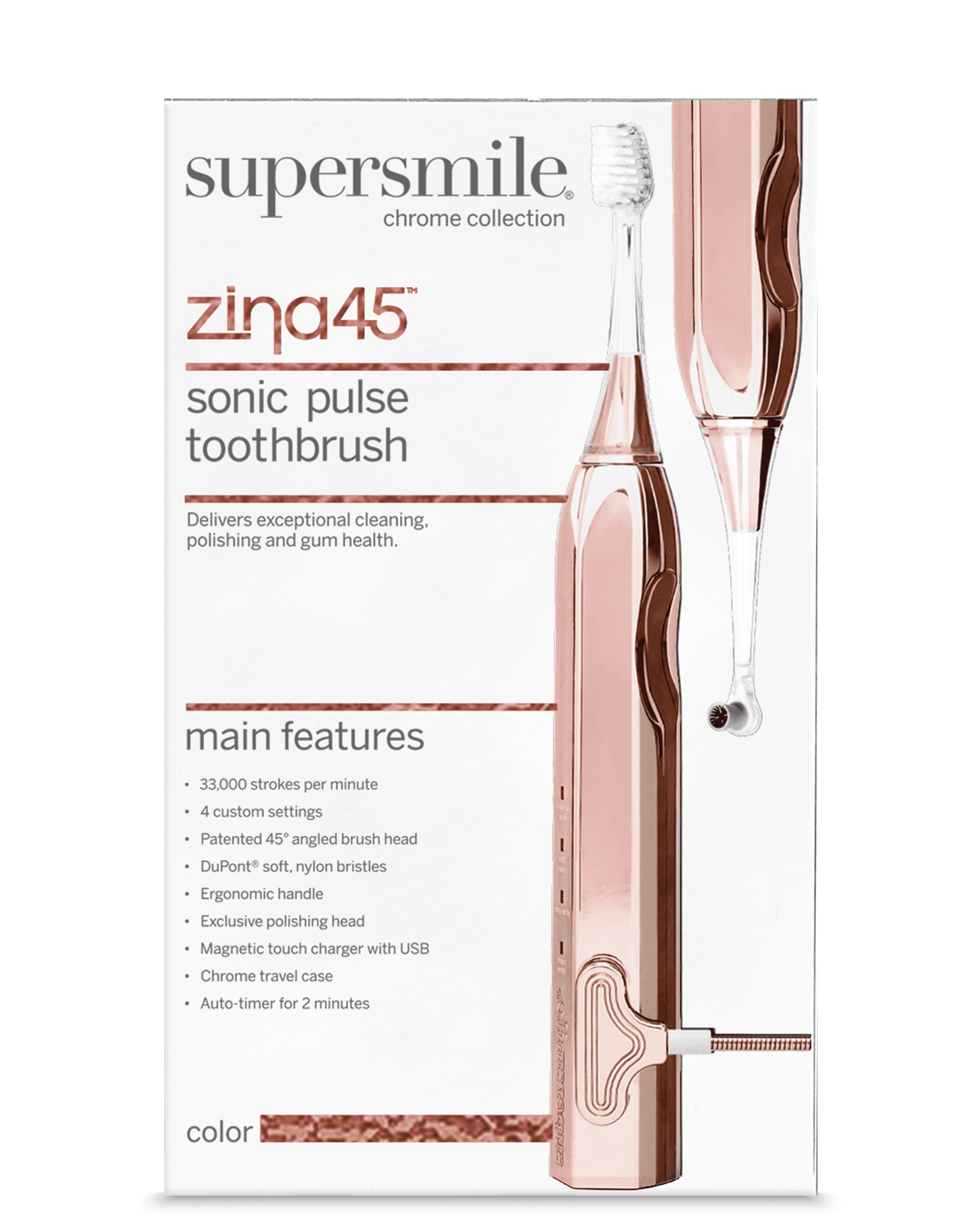 Supersmile Zina45 Sonic Pulse Electric Toothbrush - Rechargeable Whitening Tooth Brush w/Polishing Head - 4 Cleaning Modes, Rose Gold