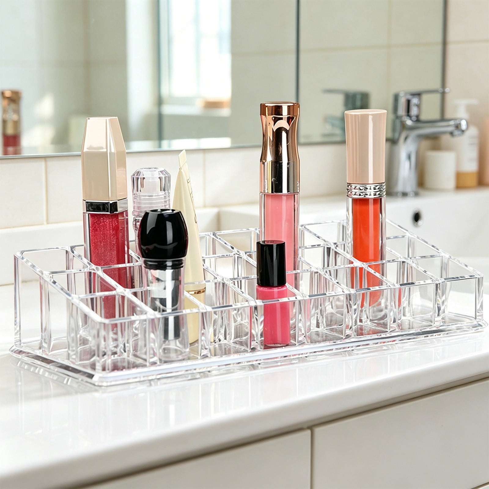 Lipstick Organizer, Clear Plastic Lip Gloss Holder with 24 Slots | Small Vanity Storage for Balm, Mascara, Perfume Samples, Essential Oil Rollerball Bottles, and Slim Beauty Tubes