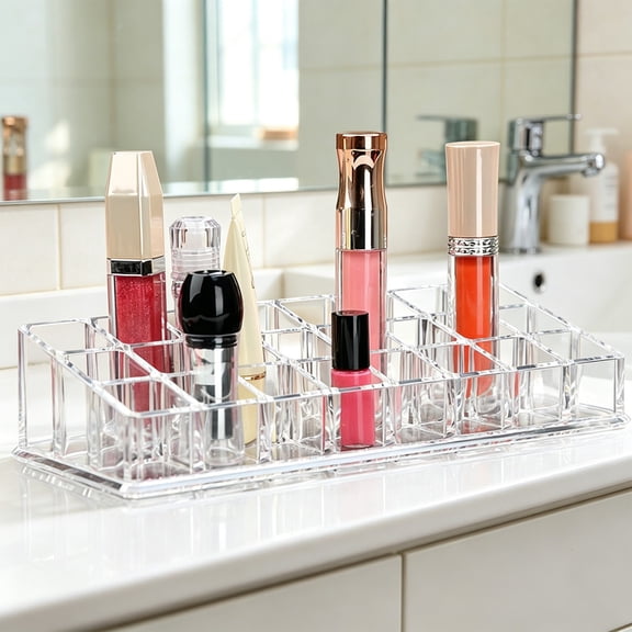 24-Compartment Lipstick Organizer, Transparent Desktop Makeup Storage Box for Lip Gloss Brushes and Cosmetics, Clear Vanity Holder for Bedroom Bathroom
