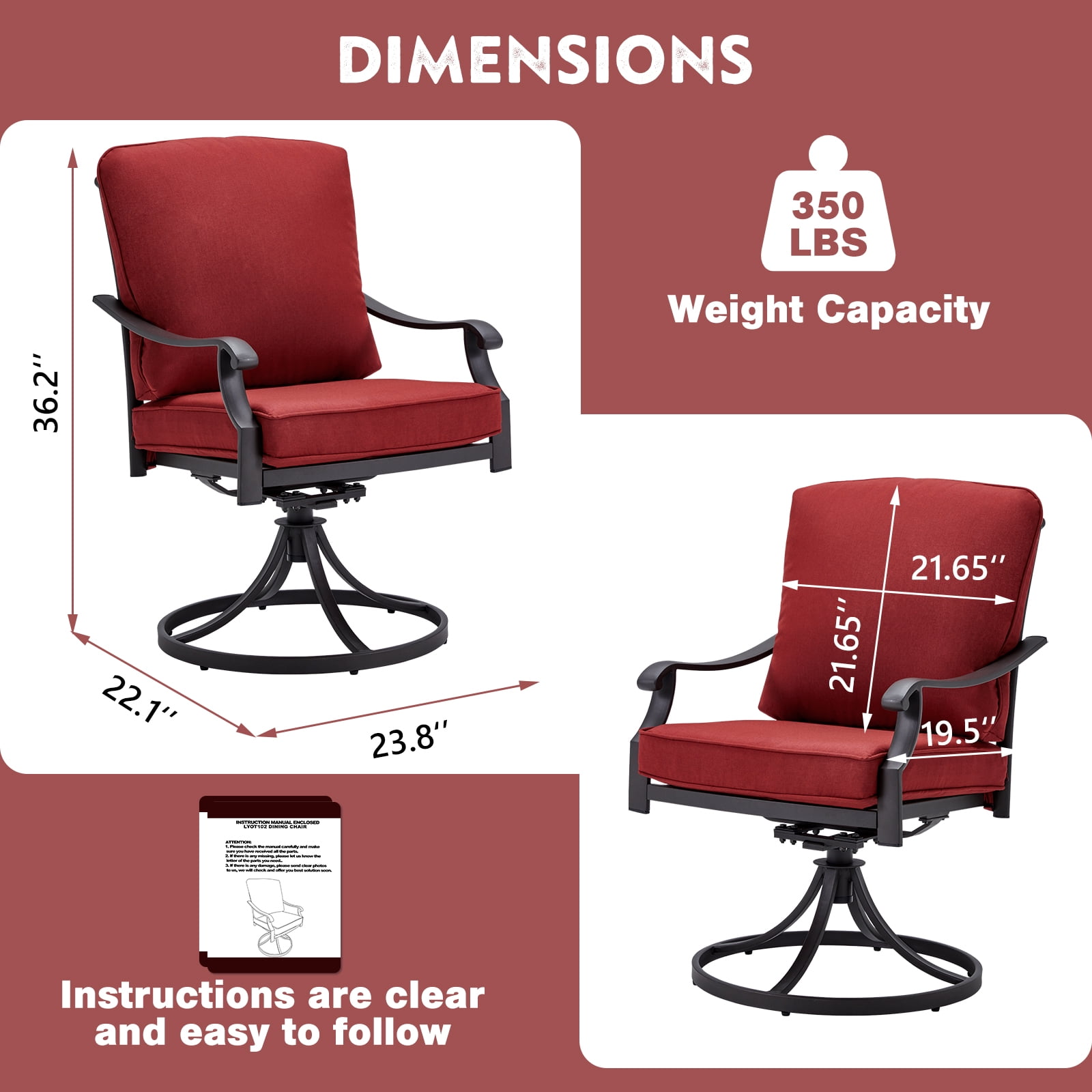 MELLCOM Patio Swivel Chair Set of 2, Heavy Duty Outdoor Dining Chairs with Thickened Cushions, Metal Patio Chairs Gentle Rocker for Outside, Garden Lawn & Porch, Backyard, Red