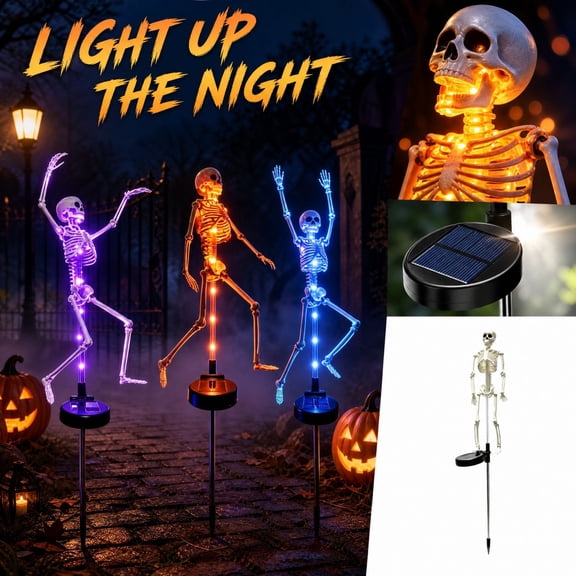 Solar Powered Halloween Skeleton Stake Light with Orange LED and Waterproof Ground Spike, Outdoor Yard Garden Decoration for Halloween Decor 1 Piece