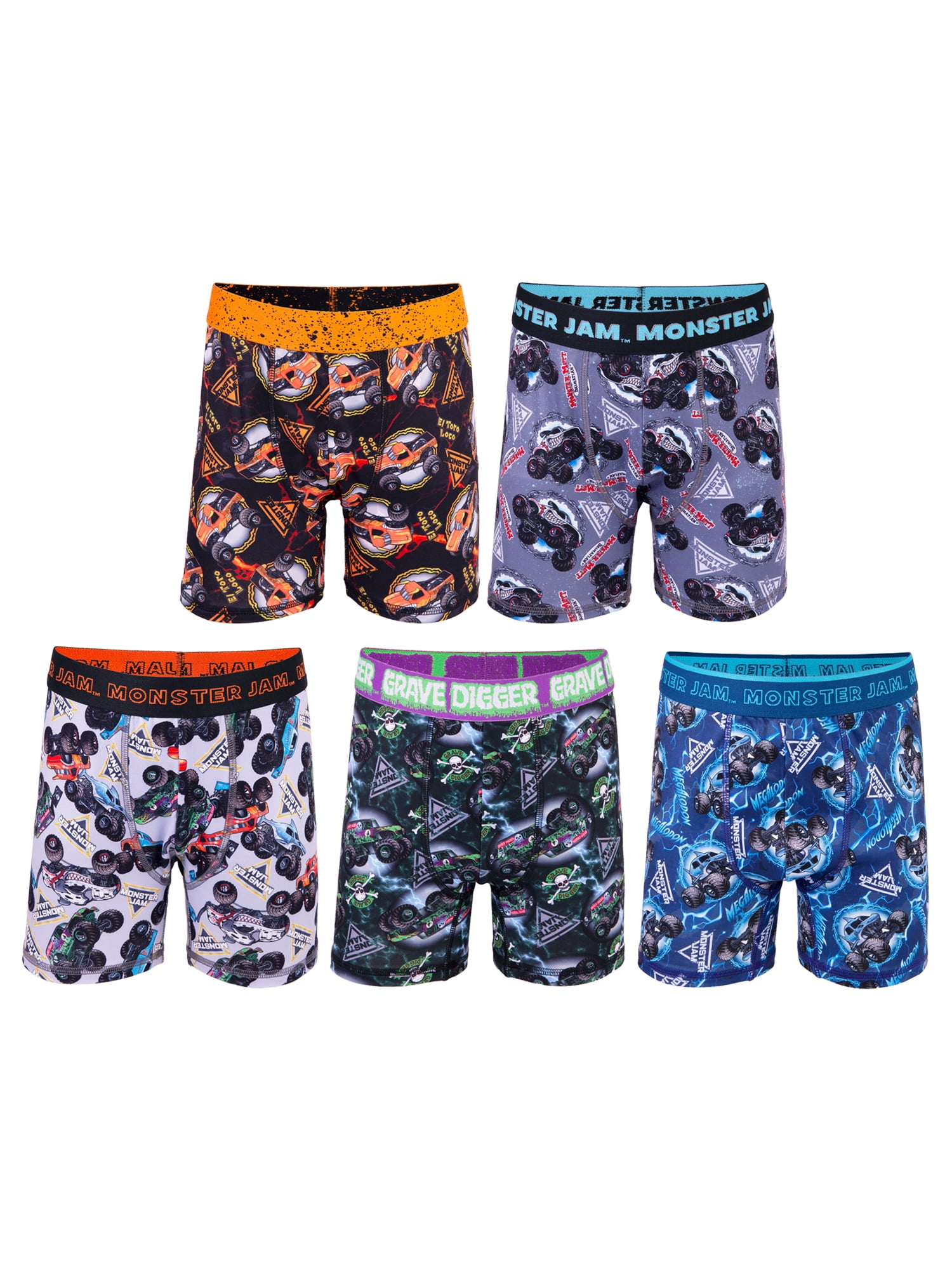 Monster Jam Boys Athletic Boxer Brief Underpants Character Underwear, 5-pack, Sizes XS to M