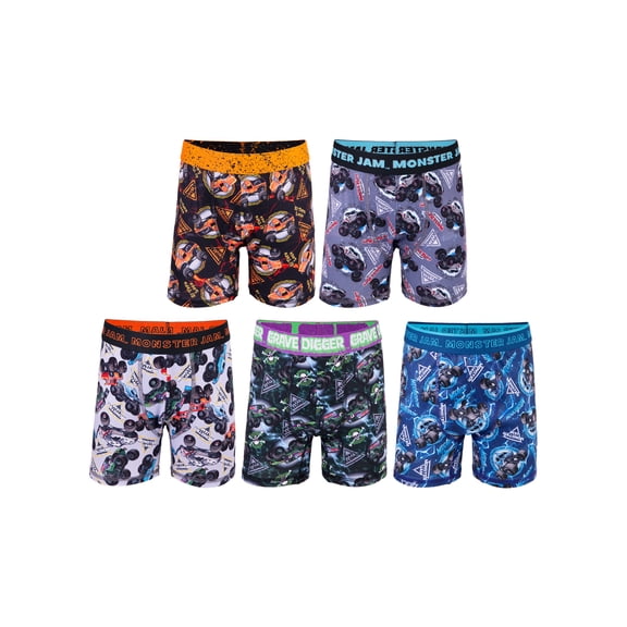 Monster Jam Boys Athletic Boxer Brief Underpants Character Underwear, 5-pack, Sizes XS to M