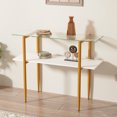 thumbnail image 3 of Glass Sofa Table, Mid-Century Modern Entryway Table with Tempered Glass & Golden Legs, 2-Tier Behind Couch Table for Living Room Hallway Entrance, White, 3 of 9