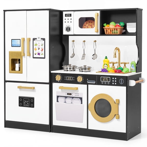 AILEEKISS Wood Kids Play Kitchen, Pretend Kitchen Playset for Children Age 3 Years up, Black