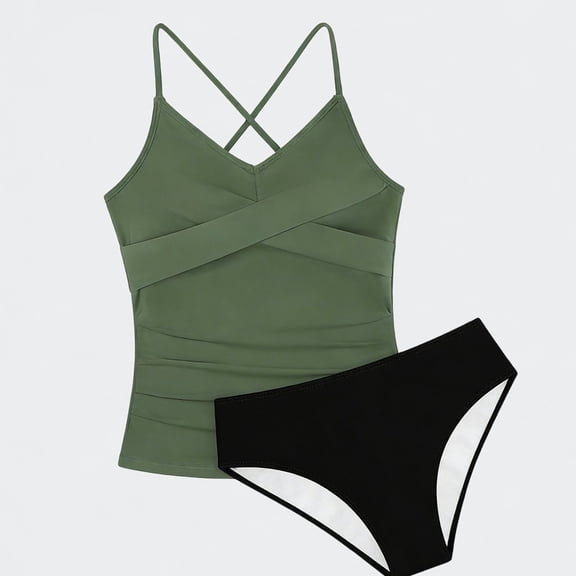 Ticikt Girls Two Piece Swimsuit, Tankini Set Ruched Criss Cross Bathing Suit for Big Kids,Army Green