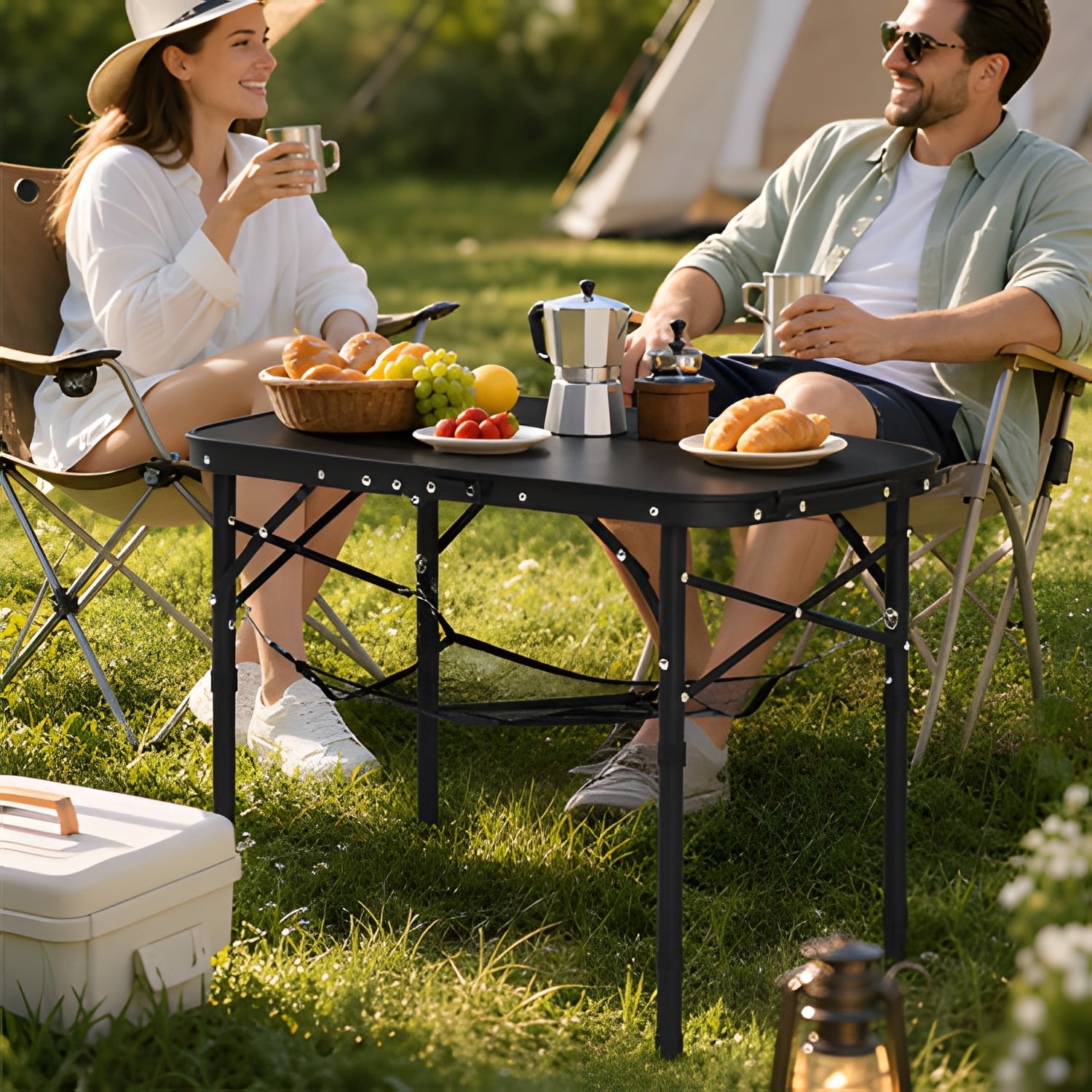 Folding Camping Table, Adjustable Height Portable Side Tables, Aluminum MDF Beach Table with Mesh Layer, Carrying Handle, Lightweight Compact for Outdoor Picnic BBQ Cooking, 24x16in, Black