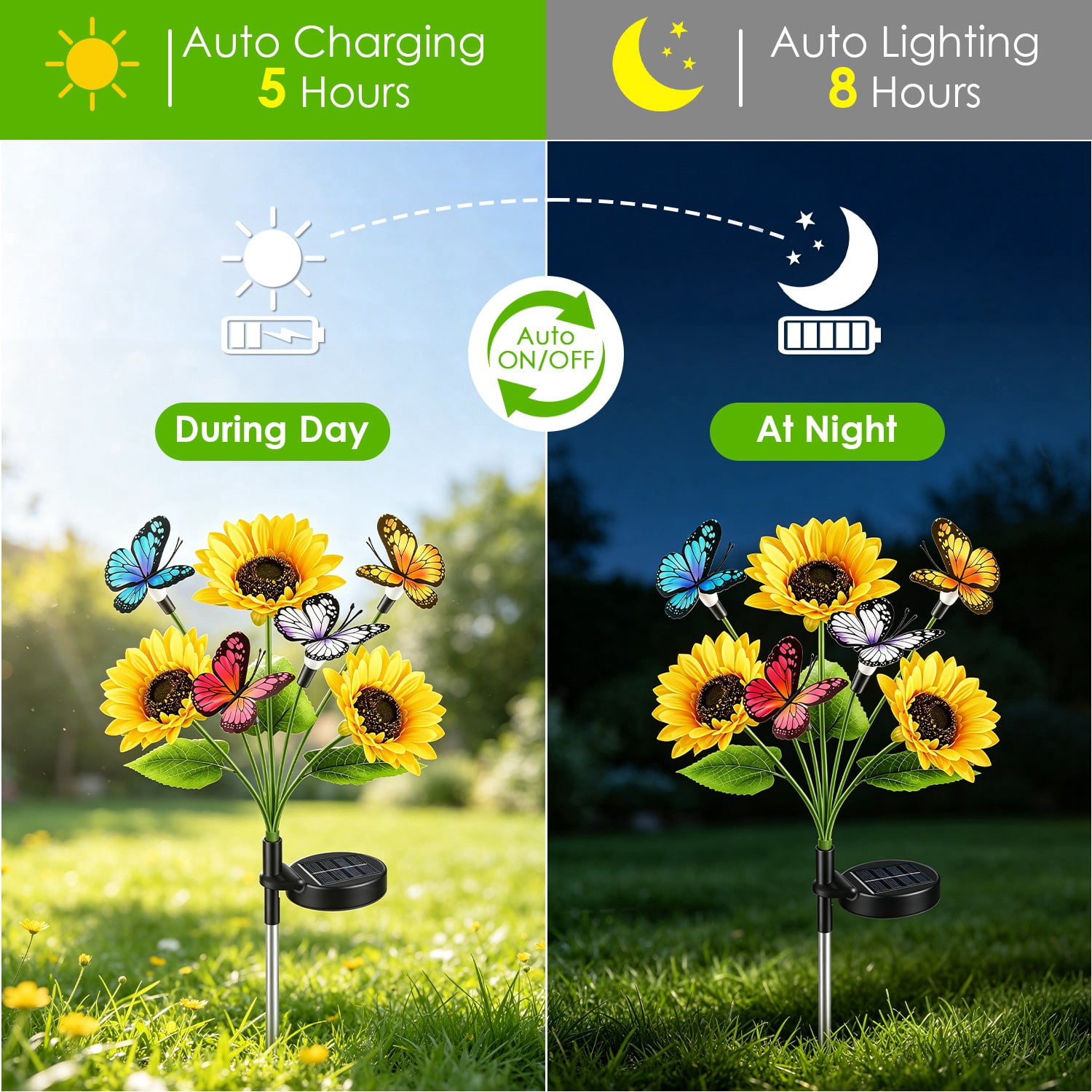 Astoutdoor Solar Sunflower Garden Stake Lights, 4-Pack, 3 Sunflower Heads and Butterfly Decor, Warm White LED, 2 Modes, IP44