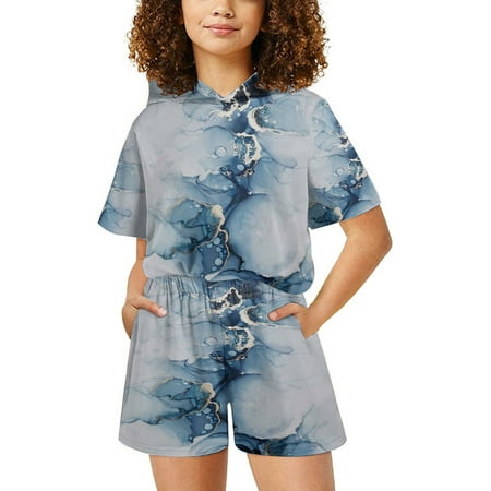 

YANHAIGONG Baby Girl Clothes Clearance Boys and Girls Gradual Short Sleeve T-shirt Set Fashion Printed Children s Hooded T-shirt Daily Outfit Two Piece Set 3-14 Years