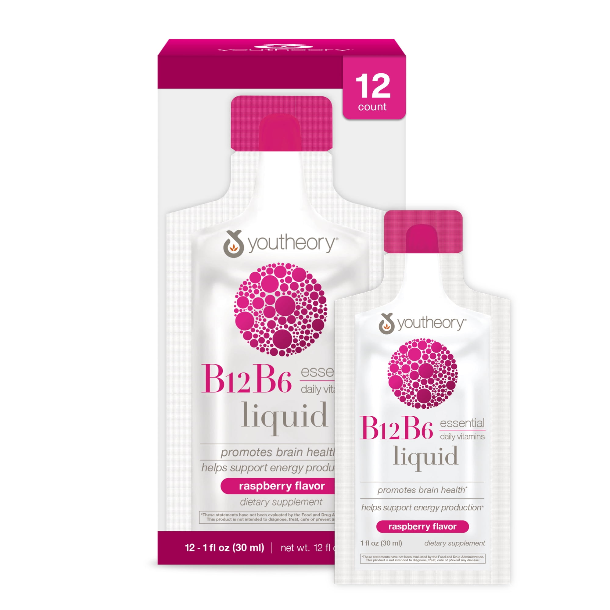 Youtheory B12B6 Liquid - Vitamin B12 & B6 - Supports Mood, Nervous System & Metabolism* - Aids Memory & Stress Management* - Raspberry Flavor - 1 oz Single Serve Packet, Pack of 12