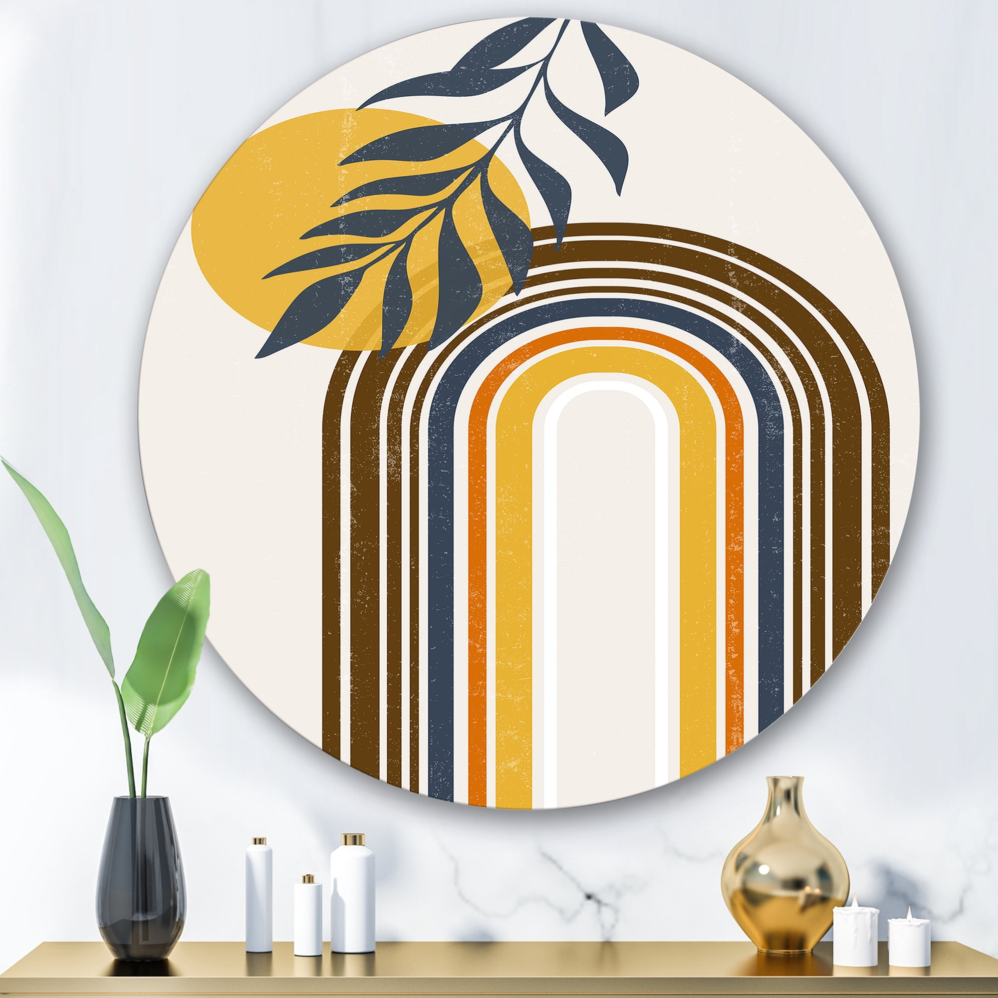 Designart 'Abstract Moon Sun Leaves II' Modern Circle Metal Wall Art 36x36 - Disc of 36