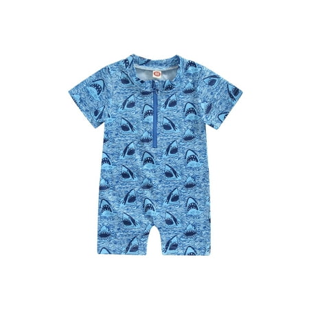 

Frobukio Newborn Baby Boys One-Piece Swimsuit Cute Shark Print Short Sleeve Zip Up Rash Guard Swimwear Beachwear Blue 12-18 Months