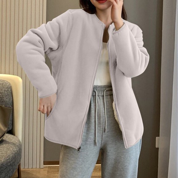 Mceream Womens Fleece Jackets Zip up Long Sleeve Stand Collar Oversized Solid Coat with Pockets Winter Warm Fashion Clothes Plus Size Outwear Chamarras Para Mujer Para El Frio Gray XXL