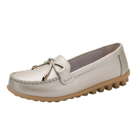 Huesdet Woman Flat Loafers Leather Penny Shoes Slip On - Soft  Durable and Flexible Resistant Feel Lightweight & Comfortable(Gold 10)