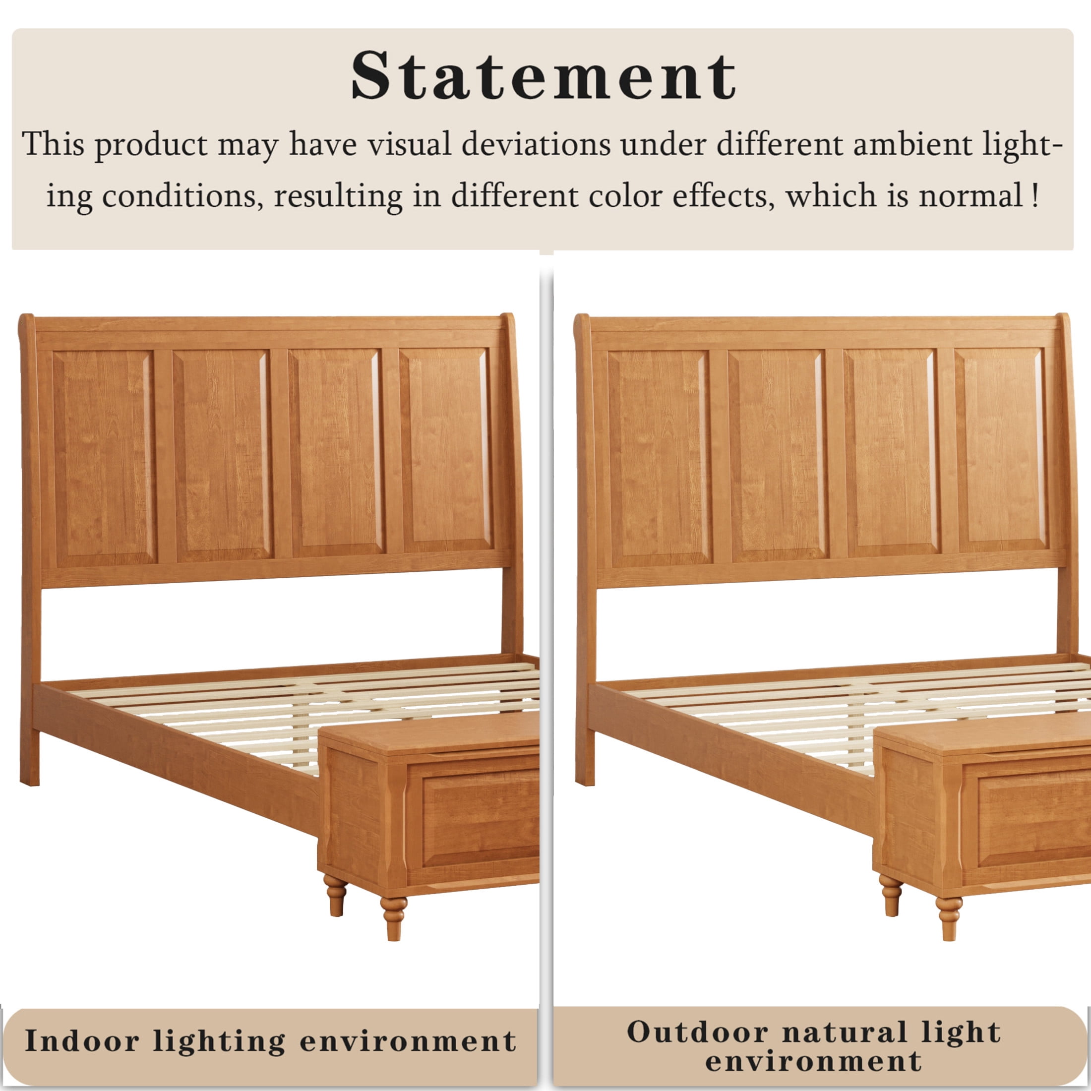 GDF Studio Queen Size Solid Wood Sleigh Bed with Tall Headboard and Storage Bench, Natural