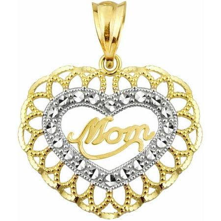 Handcrafted 10kt Gold MOM With Scalloped Heart Beaded Frame Charm Pendant