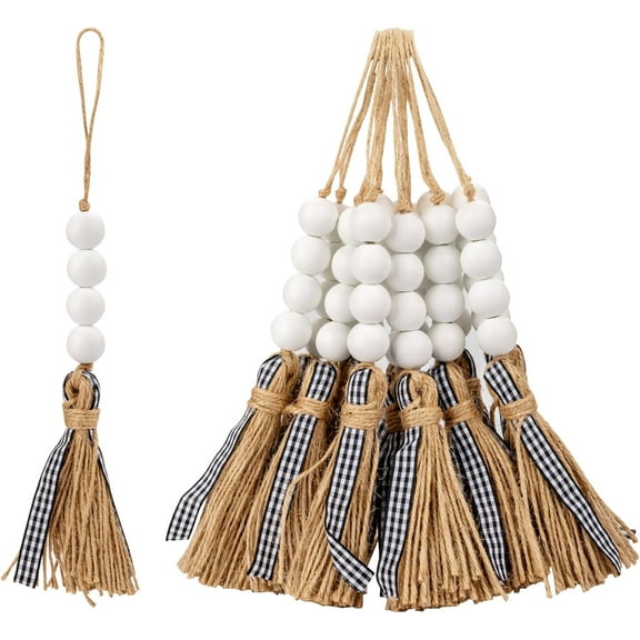 Dalrosia Wood Beads Christmas Tree Ornaments Xmas Farmhouse Decor Hanging Wooden Beads with Plaid Tassel for Home Holiday Hanging Decorations Rustic Country