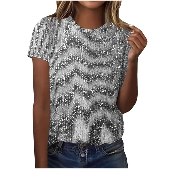 Ecqkame Women's Sequin Tops Crew Neck Short Sleeve Casual Loose Shirts Lightweight Breathable Trendy Party Blouse Gray M