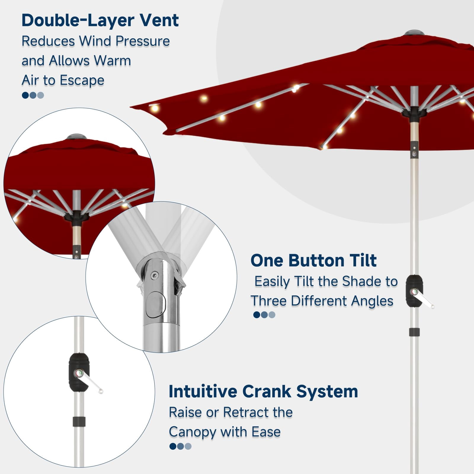 UPHYB 10FT 40 Solar Lighted Patio Umbrella, Fade-Resistant Outdoor Market Table Umbrella with Push Button Tilt Function, 8 Sturdy All-Aluminum Ribs for Gardens, Decks, Backyards & Pools (Burgundy)