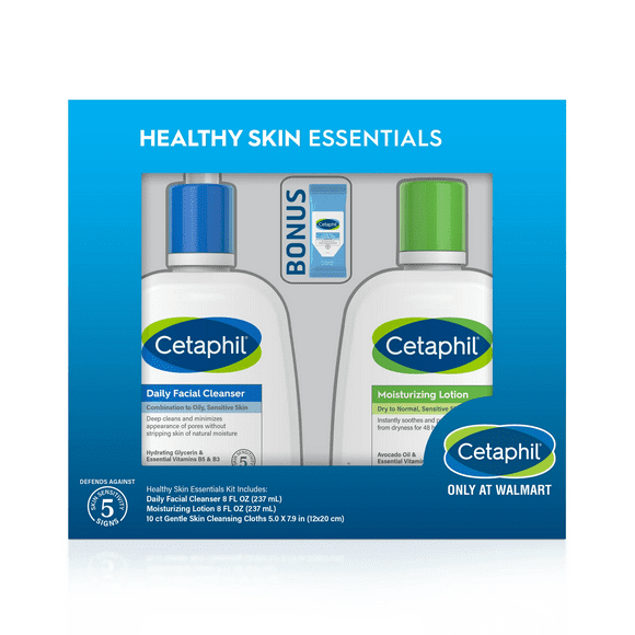 Cetaphil Healthy Skin Essentials Kit, Daily Facial Cleanser, Moisturizing Lotion & Cleansing Cloths