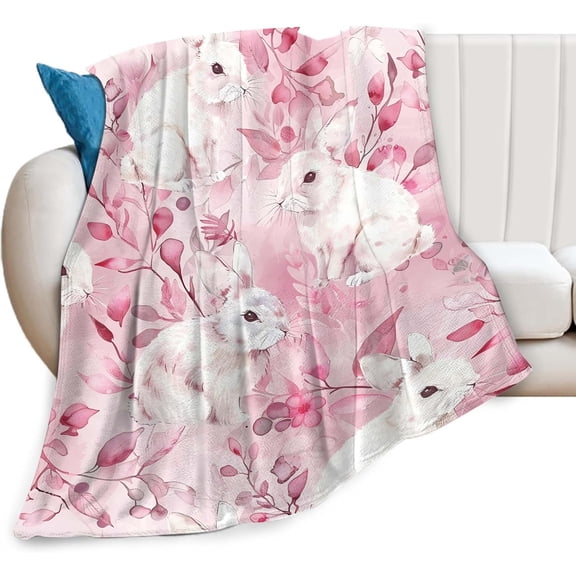 Cute Rabbit Blanket Bunny Flower Decor Pink Throw Blanket Gifts for Girls Boys Rabbit Lover Couch Bedding Super Warm Soft Plush Lightweight Fleece Flannel Blanket for Adults Men Women 50"X40"