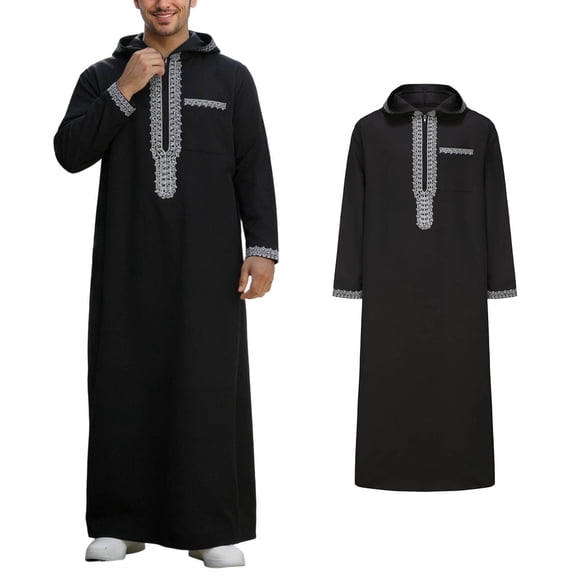 Mens Thobe Muslim Long Sleeve Zipper Hooded Thobe Embroidered Thobe Eid Clothes Arabic Clothes for Men