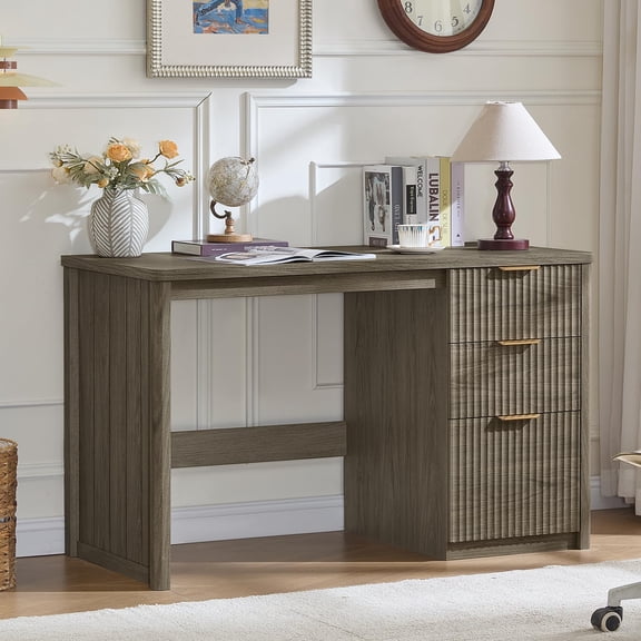48 Modern Fluted Executive Desk with 3 Drawers, Dark Grey Computer Table