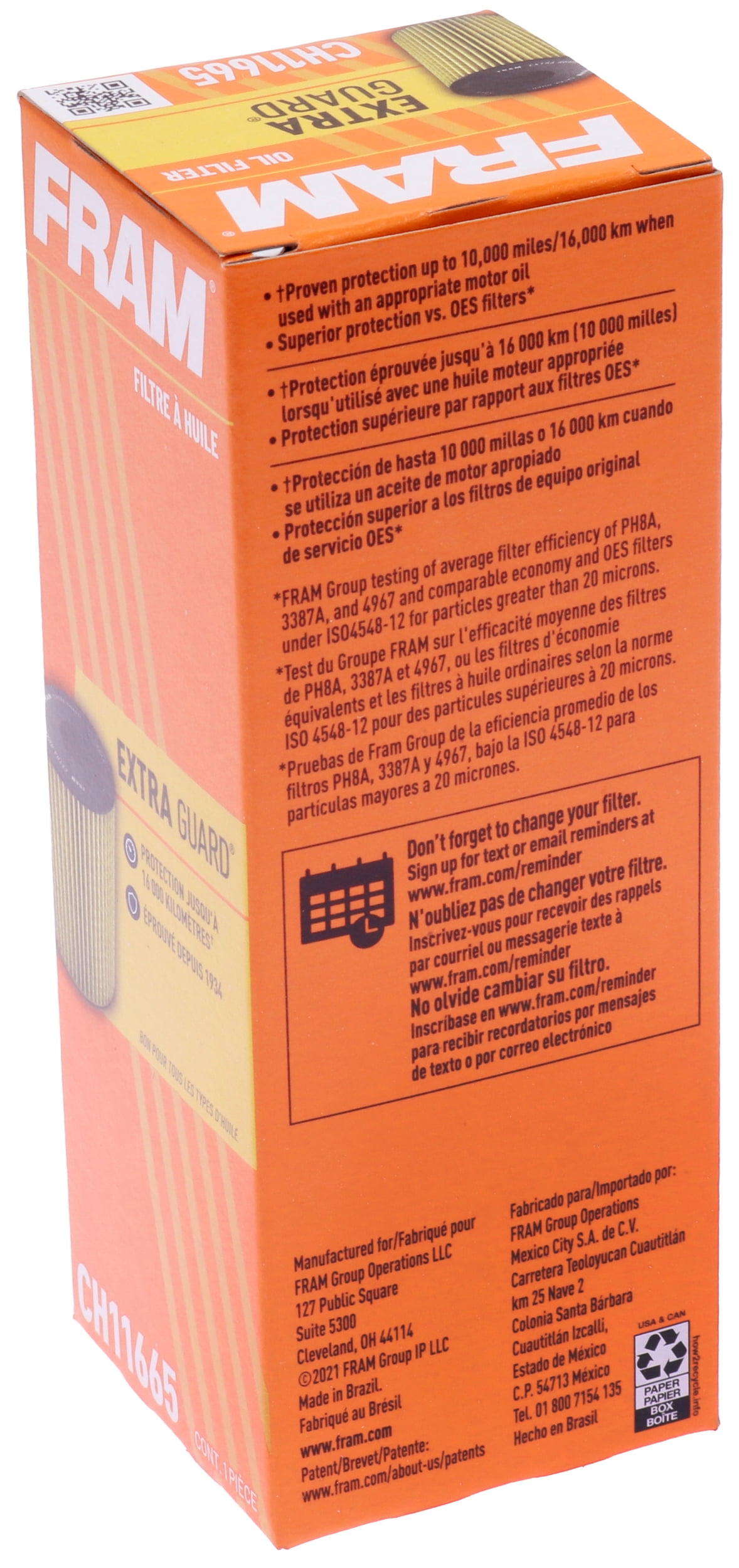 (3 pack) FRAM Extra Guard Oil Filter, CH11665, 10K Miles, Replacement Oil Filter Fits Select Vehicles