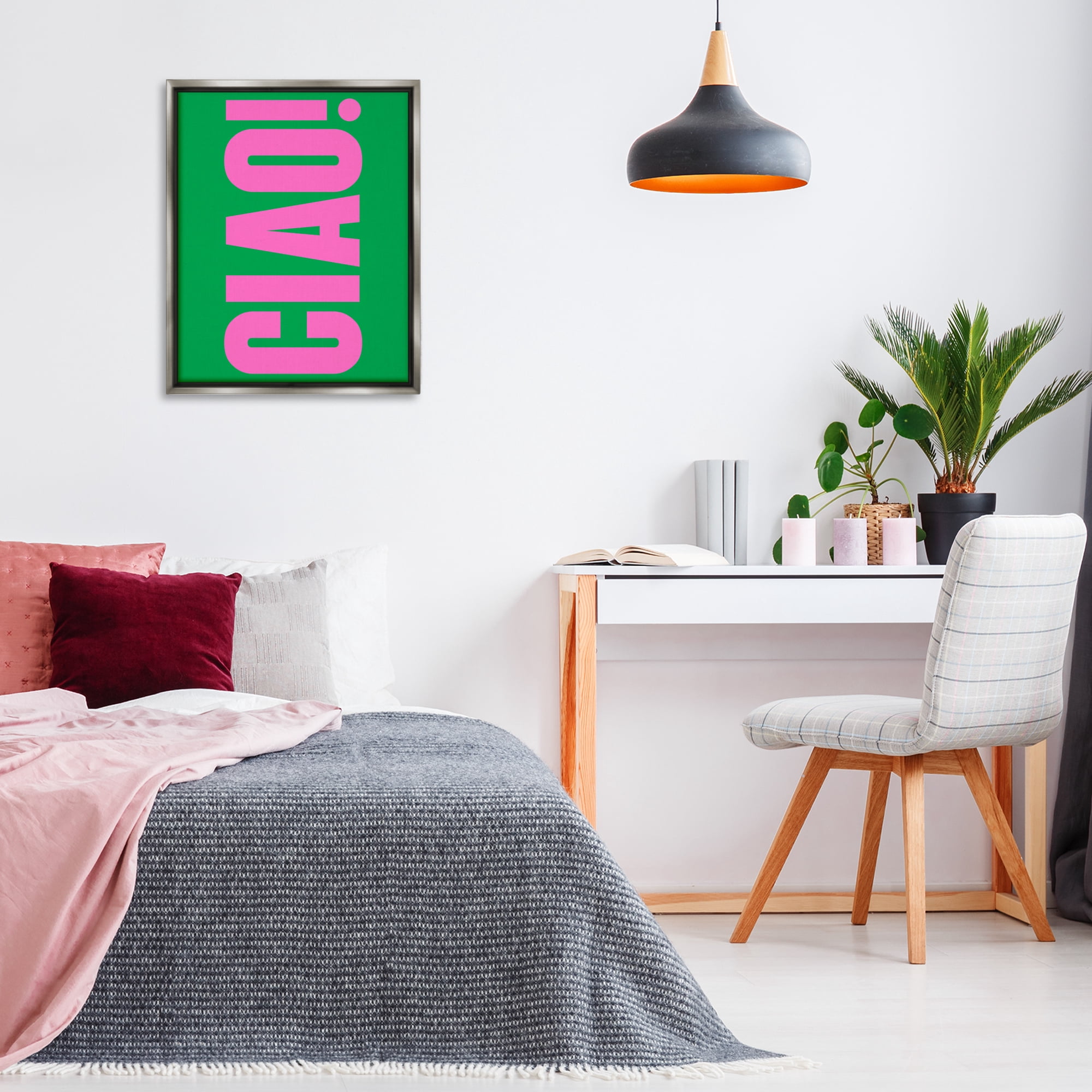 Stupell Industries Ciao Pink & Green Text & Numbers Painting Gray Floater Framed Canvas Art Print Wall Art, 25 x 31