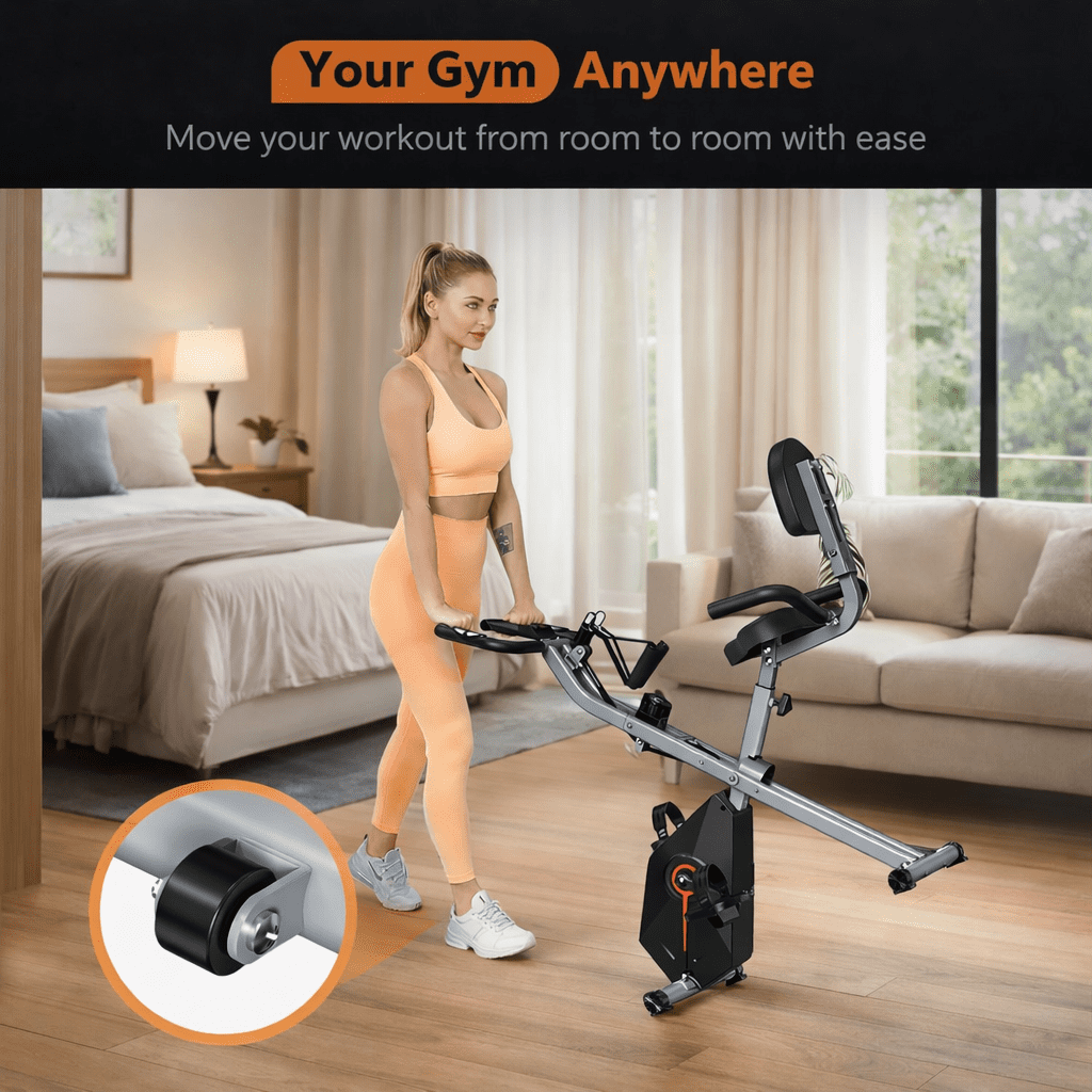 USLIM Foldable Exercise Bike for Home Cardio Workouts, 16-Level Magnetic Resistance, Resistance Bands, Backrest, LCD, 300 lb Capacity