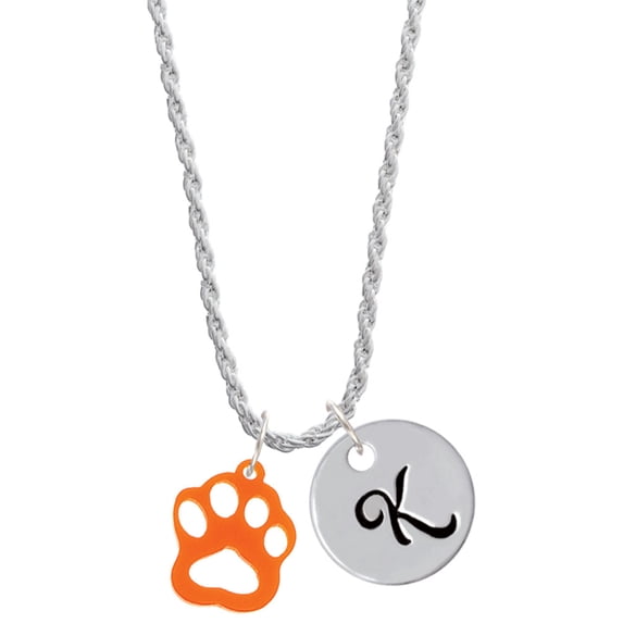 Delight Jewelry Acrylic Small Paw Orange Silvertone Script Initial Disc - K - Charm Necklace, 20"+3"