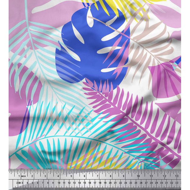Soimoi Tissu Satin Modal Rose Imprimé Feuilles Tropicales au Mètre 42 Pouces de Large