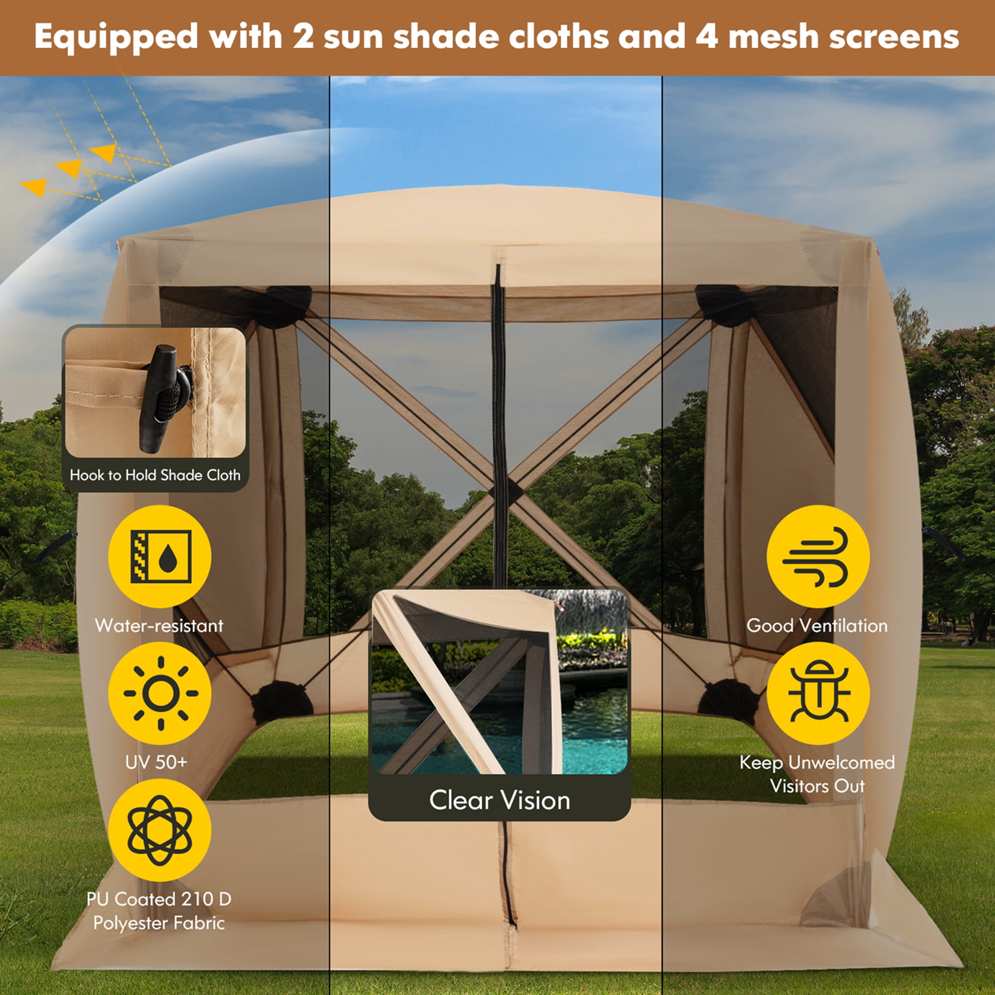 Costway 6.7 FT x 6.7 FT 4-Panel Pop up Camping Gazebo Quick-Set with 2 Sunshade Cloths Coffee