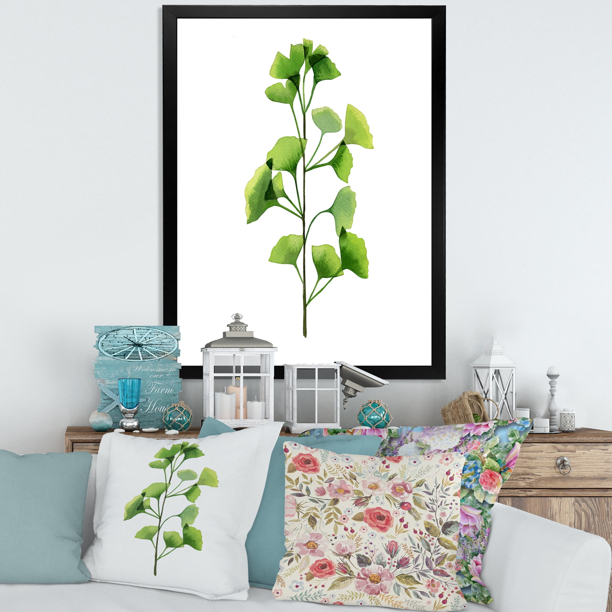 Designart 'Green Field Plant Foliage Branch' Farmhouse Framed Art Print