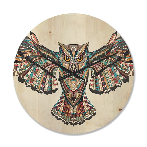 Designart 'Owl on the Grudge Pattern' Modern Wood Wall Clock
